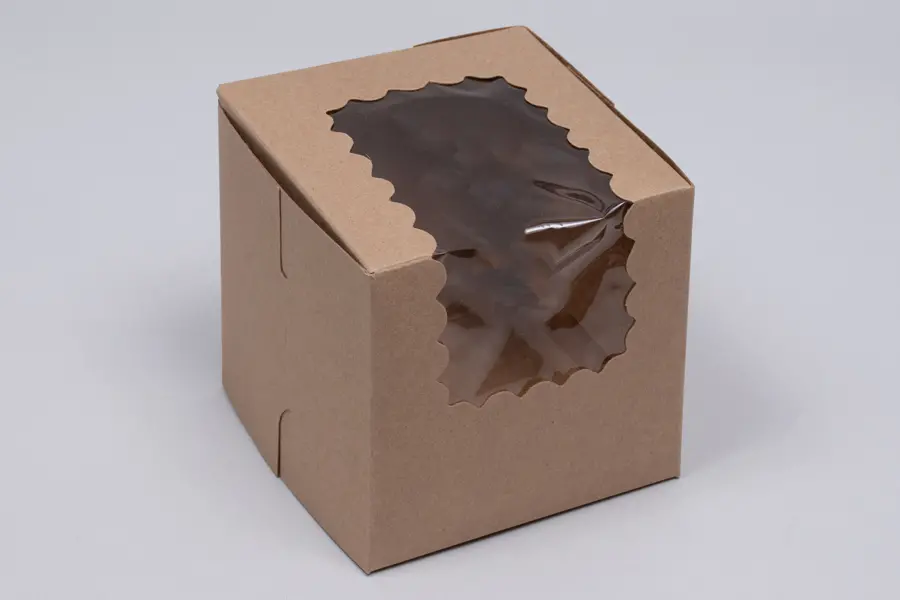 4L x 4W x 4H, Natural Kraft Bakery Boxes with Window, Natural Kraft