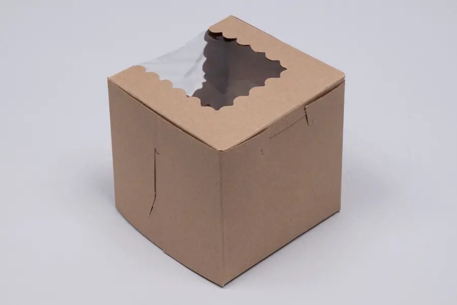 4L x 4W x 4H, Natural Kraft Bakery Boxes with Window, Natural Kraft