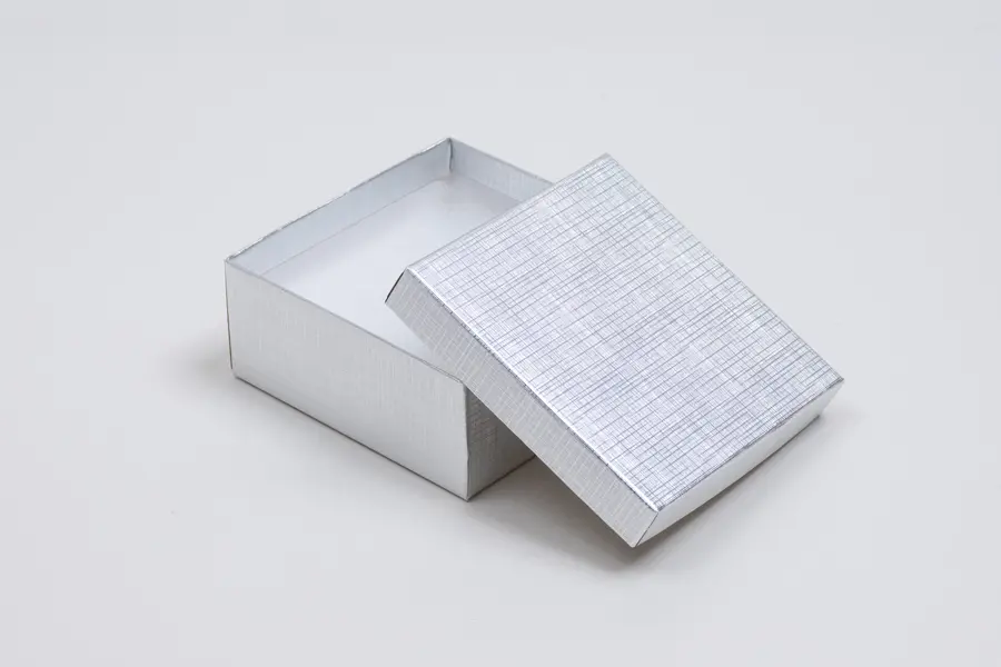 3-1/2L x 3-1/2W x 1-1/2H, Textured Two-Piece Jewelry Boxes, Silver Linen
