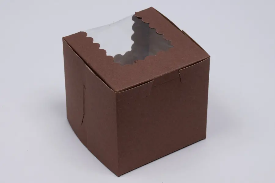 4L x 4W x 4H, Chocolate Cocoa Brown Bakery Boxes with Window, Chocolate Brown