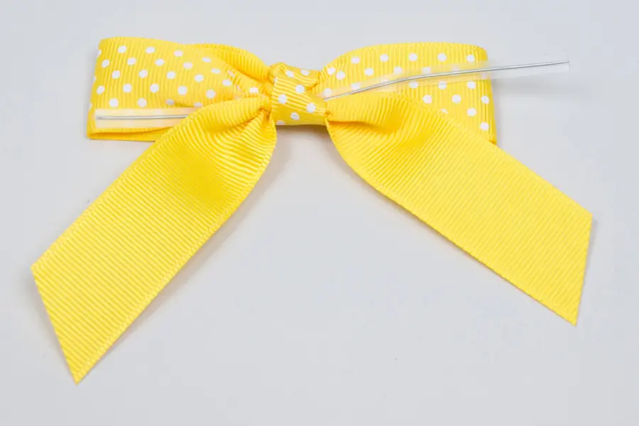 3W x 2-3/4 Bow, Pre-Tied Grosgrain Polka Dot Bows With Wire Twist, Maize Polka Dots Grosgrain