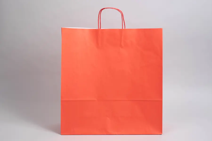 17-1/4W x 6D x 18H, Tinted Colors on Kraft Base Paper Bags with Twisted Paper Handles, Bright Warm Red