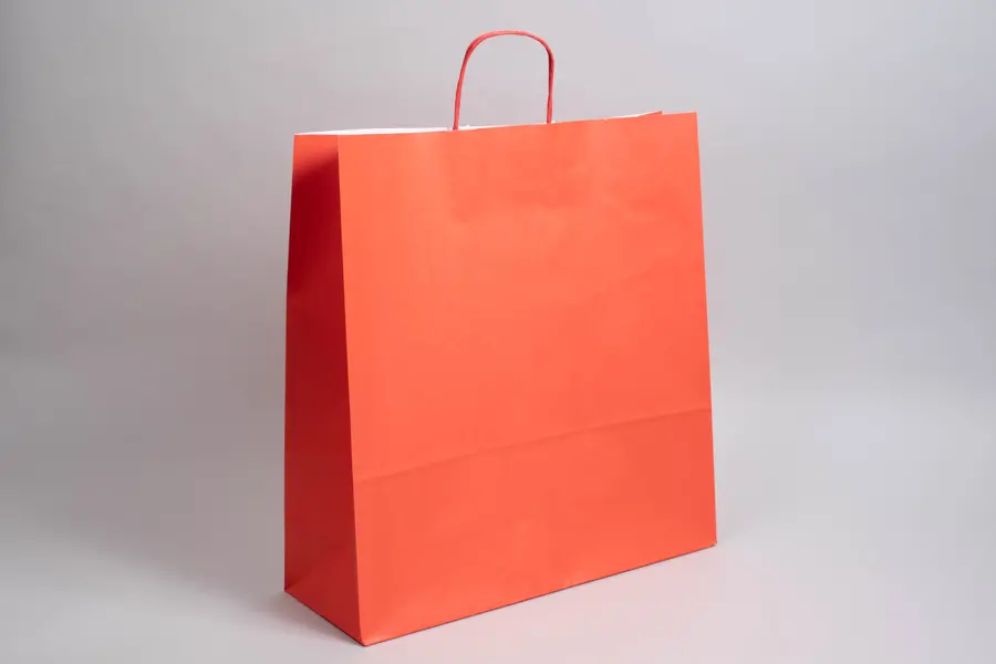 17-1/4W x 6D x 18H, Tinted Colors on Kraft Base Paper Bags with Twisted Paper Handles, Bright Warm Red