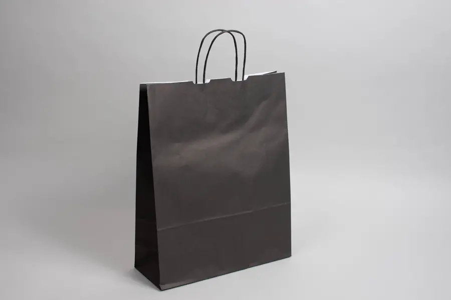 8-3/4W x 3-1/2D x 9H, Tinted Colors on Kraft Base Paper Bags with Twisted Paper Handles, Black