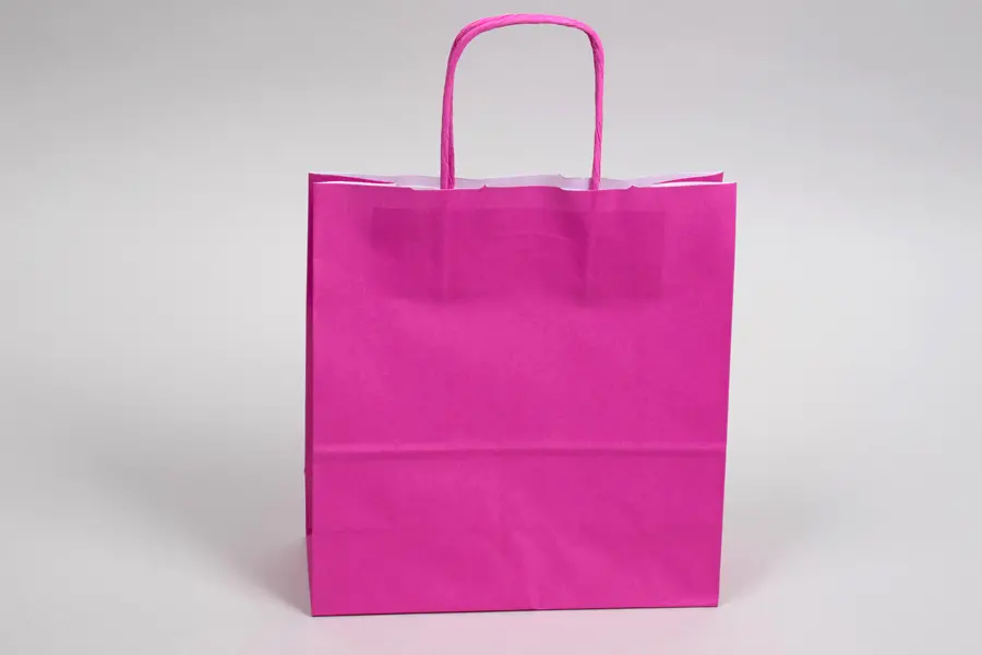 8-3/4W x 3-1/2D x 9H, Tinted Colors on Kraft Base Paper Bags with Twisted Paper Handles, Bright Hot Pink