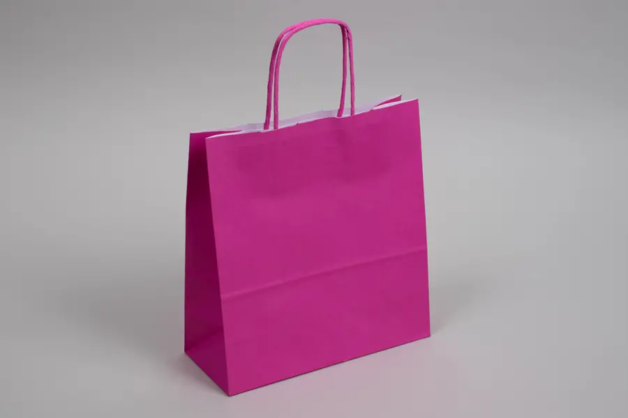 8-3/4W x 3-1/2D x 9H, Tinted Colors on Kraft Base Paper Bags with Twisted Paper Handles, Bright Hot Pink