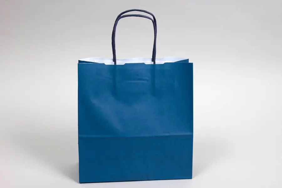 8-3/4W x 3-1/2D x 9H, Tinted Colors on Kraft Base Paper Bags with Twisted Paper Handles, Bright Navy Blue
