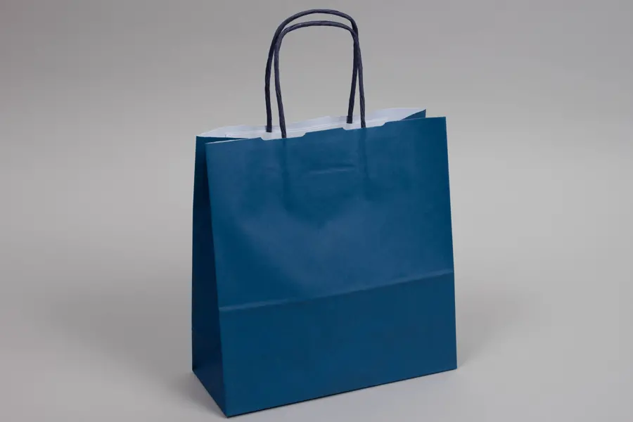 8-3/4W x 3-1/2D x 9H, Tinted Colors on Kraft Base Paper Bags with Twisted Paper Handles, Bright Navy Blue