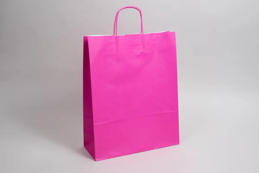 9-3/4W x 4-3/8D x 12-1/4H, Tinted Colors on Kraft Base Paper Bags with Twisted Paper Handles, Bright Hot Pink