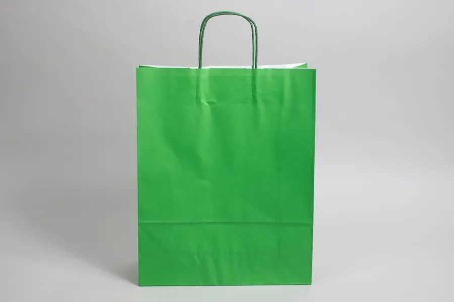 9-3/4W x 4-3/8D x 12-1/4H, Tinted Colors on Kraft Base Paper Bags with Twisted Paper Handles, Bright Kelly Green