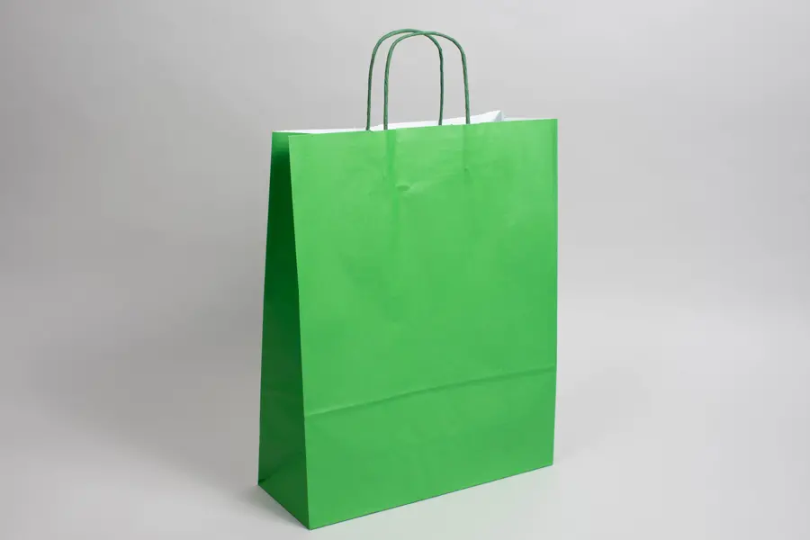 9-3/4W x 4-3/8D x 12-1/4H, Tinted Colors on Kraft Base Paper Bags with Twisted Paper Handles, Bright Kelly Green
