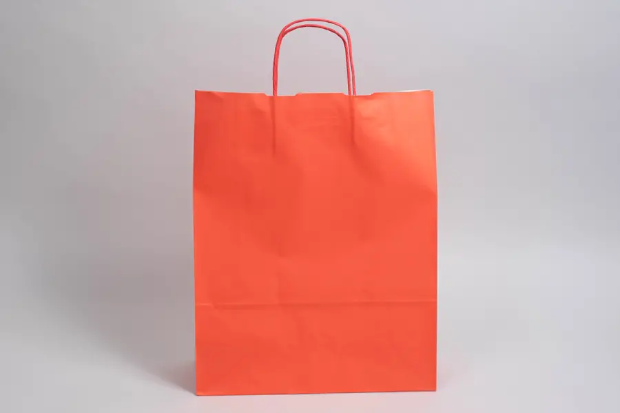 9-3/4W x 4-3/8D x 12-1/4H, Tinted Colors on Kraft Base Paper Bags with Twisted Paper Handles, Bright Warm Red
