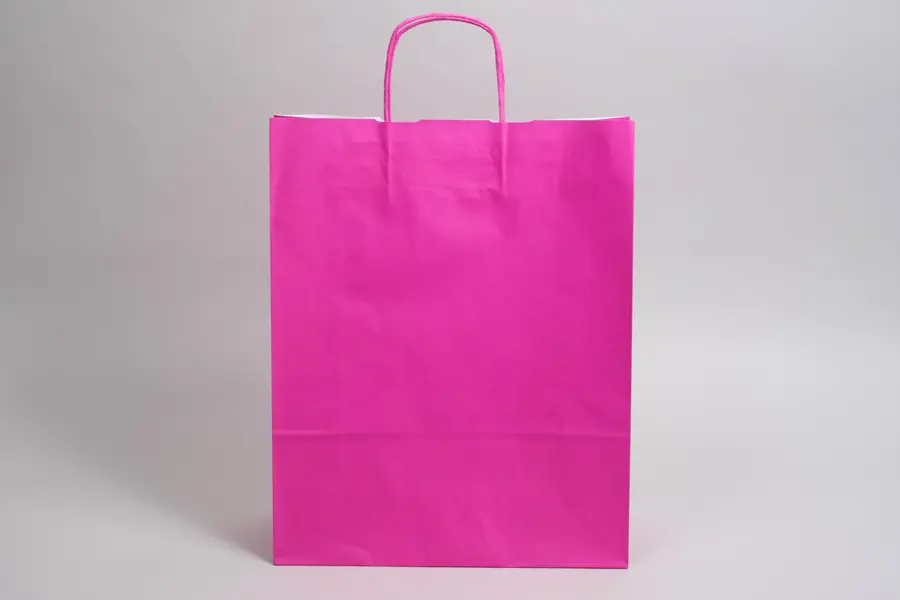 12-1/2W x 4-3/4D x 15-3/4H, Tinted Colors on Kraft Base Paper Bags with Twisted Paper Handles, Bright Hot Pink