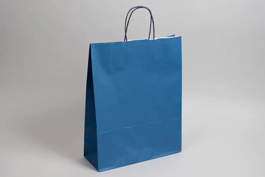 12-1/2W x 4-3/4D x 15-3/4H, Tinted Colors on Kraft Base Paper Bags with Twisted Paper Handles, Bright Navy Blue