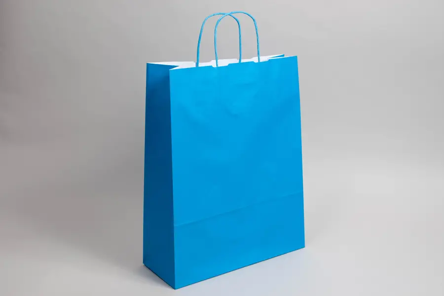 12-1/2W x 4-3/4D x 15-3/4H, Tinted Colors on Kraft Base Paper Bags with Twisted Paper Handles, Bright Process Blue