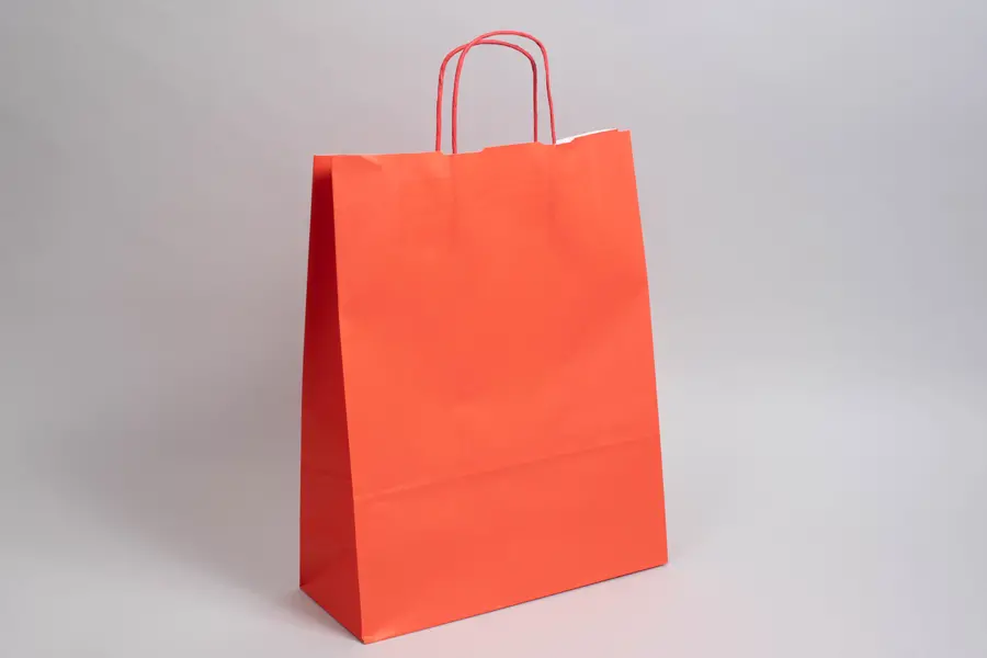 12-1/2W x 4-3/4D x 15-3/4H, Tinted Colors on Kraft Base Paper Bags with Twisted Paper Handles, Bright Warm Red