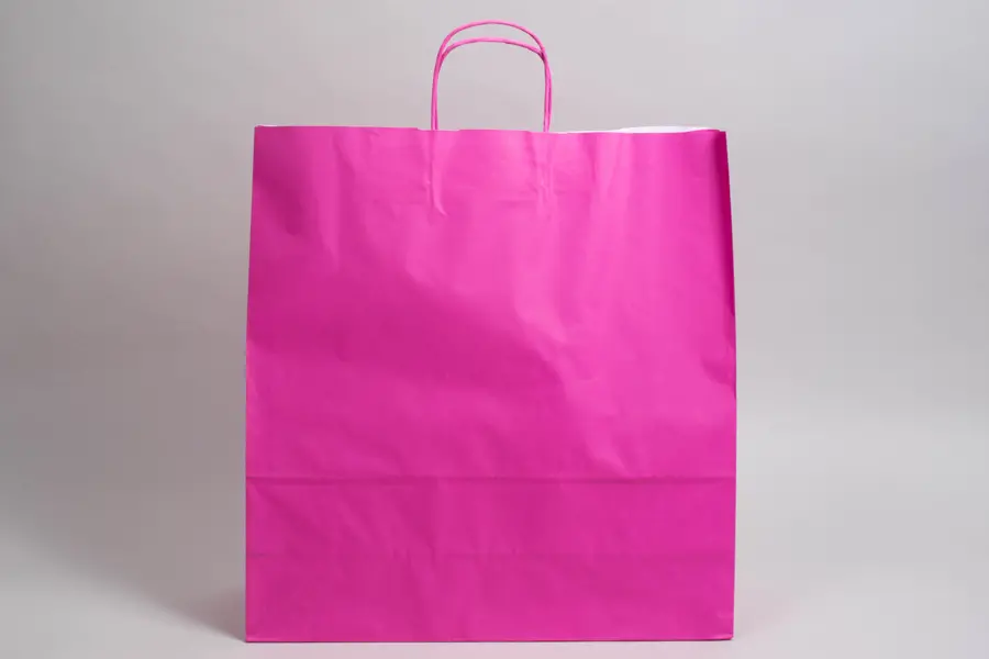 17-1/4W x 6D x 18H, Tinted Colors on Kraft Base Paper Bags with Twisted Paper Handles, Bright Hot Pink