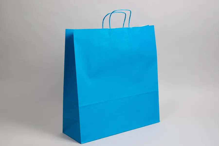 17-1/4W x 6D x 18H, Tinted Colors on Kraft Base Paper Bags with Twisted Paper Handles, Bright Process Blue