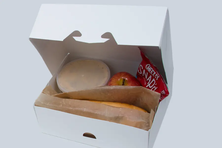 9-1/4L x 7-3/8W x 3-1/8H, Tamper Evident Take-Out Boxes, White