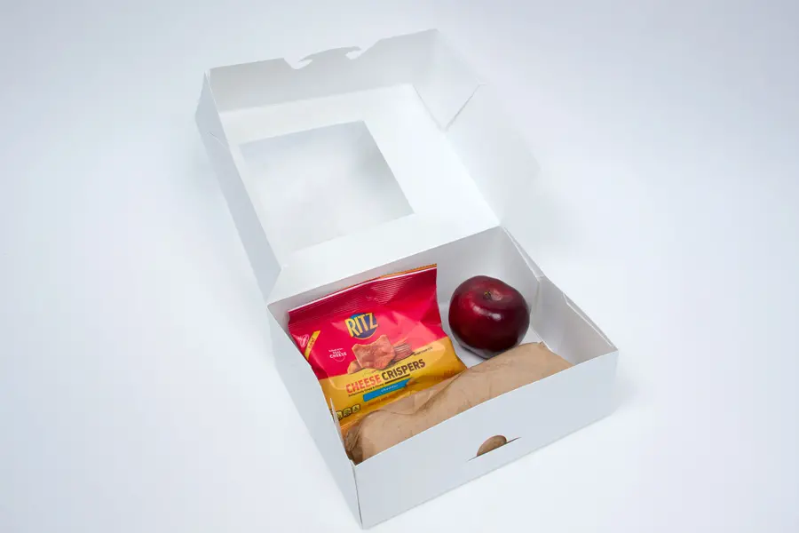9-1/4L x 7-3/8W x 3-1/8H, Tamper Evident Take-Out Boxes, Window, White