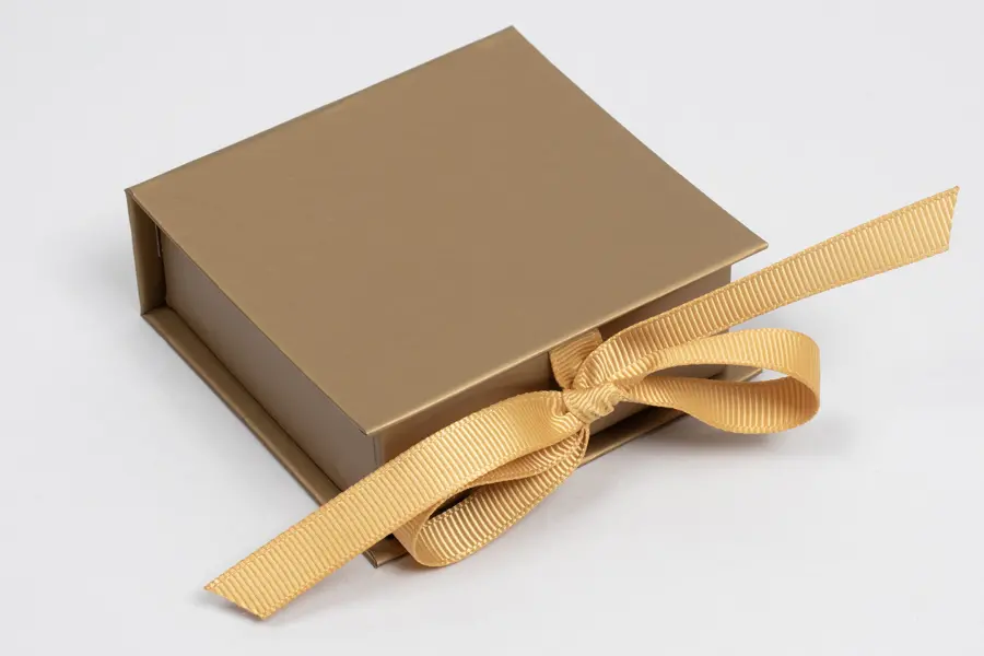 2-3/4L x 2-3/4W x 1H, Deluxe Ribbon Jewelry Boxes, Matte Gold
