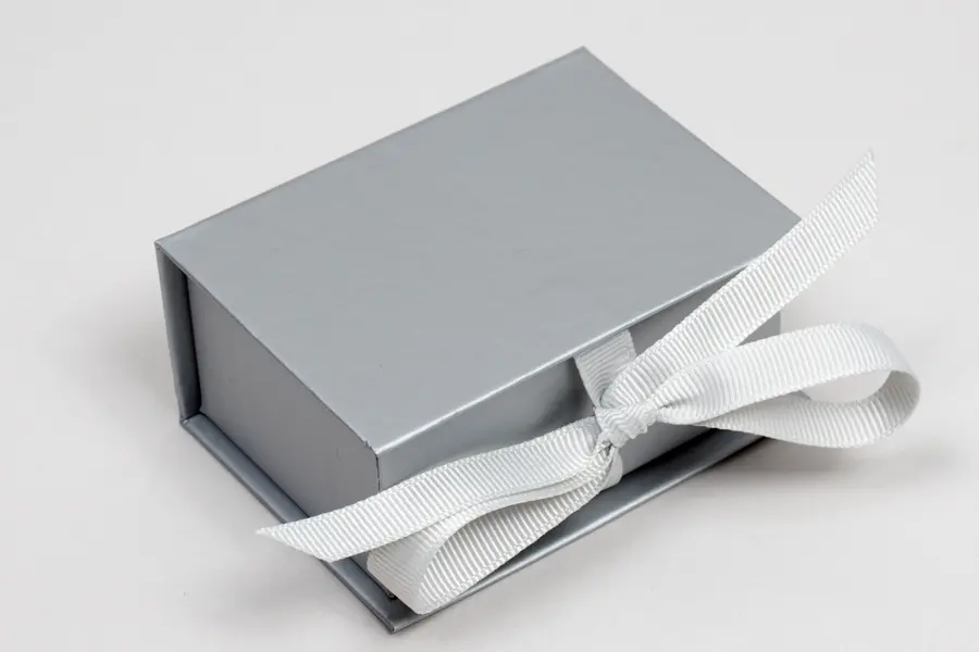 3L x 2-1/8W x 1-1/4H, Deluxe Ribbon Jewelry Boxes, Matte Silver