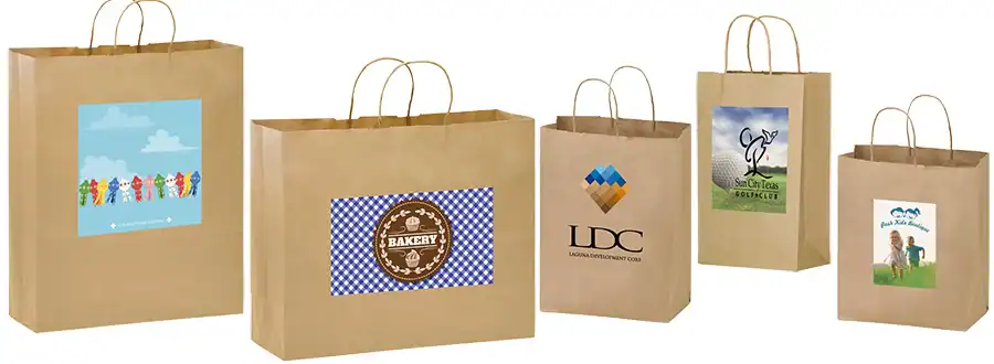5-1/2W x 3-1/4L x 12-1/2H, Short Run 4 Color Imprint Brown Kraft Bags