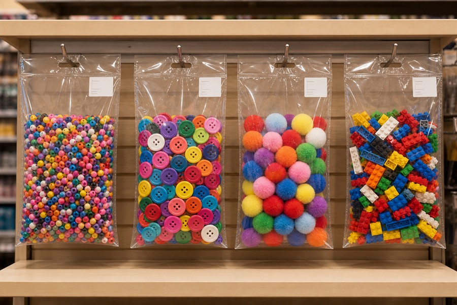 Colorful products displayed in high clarity bags under retail lighting