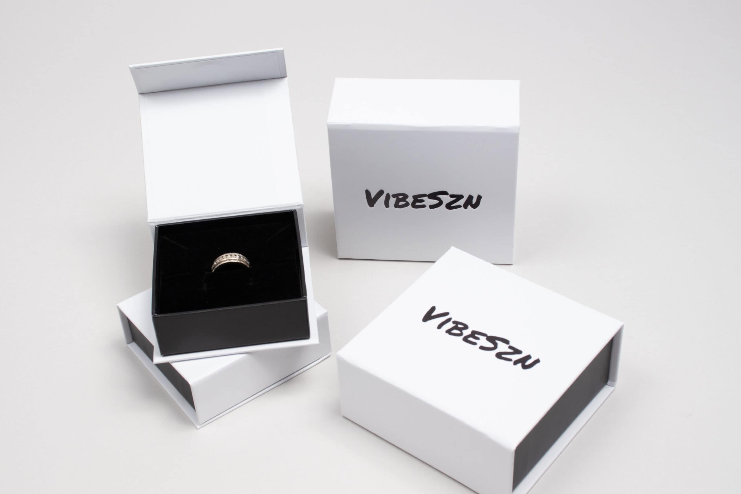 Magnetic jewelry box with ring displayed inside premium packaging