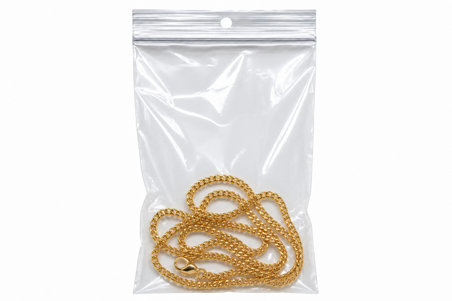 Gold chain displayed in a clear hang hole zip bag