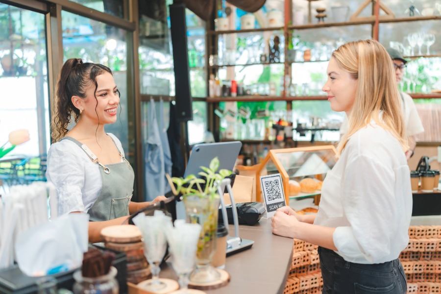 Busy restaurant ordering counter during meal service
