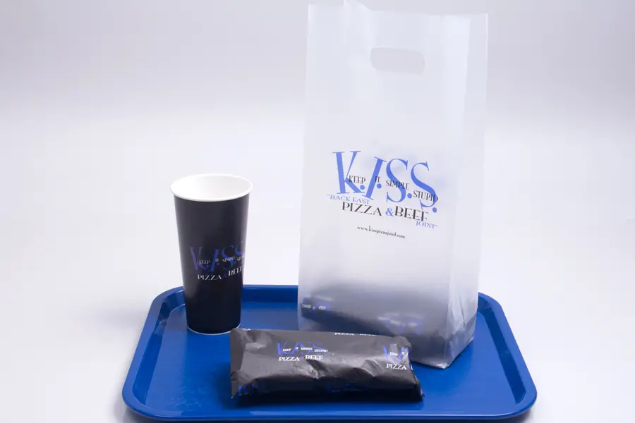 Custom plastic takeout bag with cup and wrap