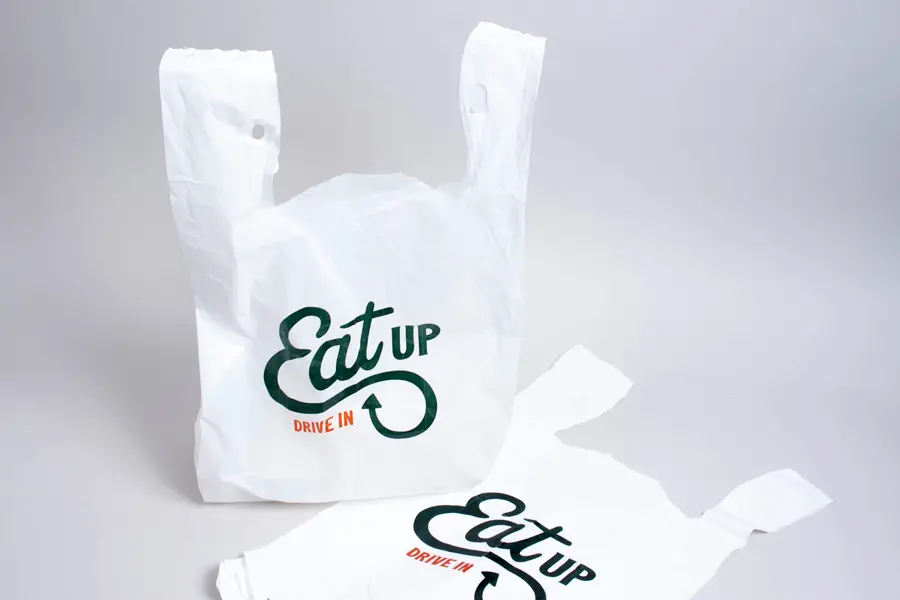 Custom Printed Plastic Takeout T-shirt Handle Bags - Eat Up