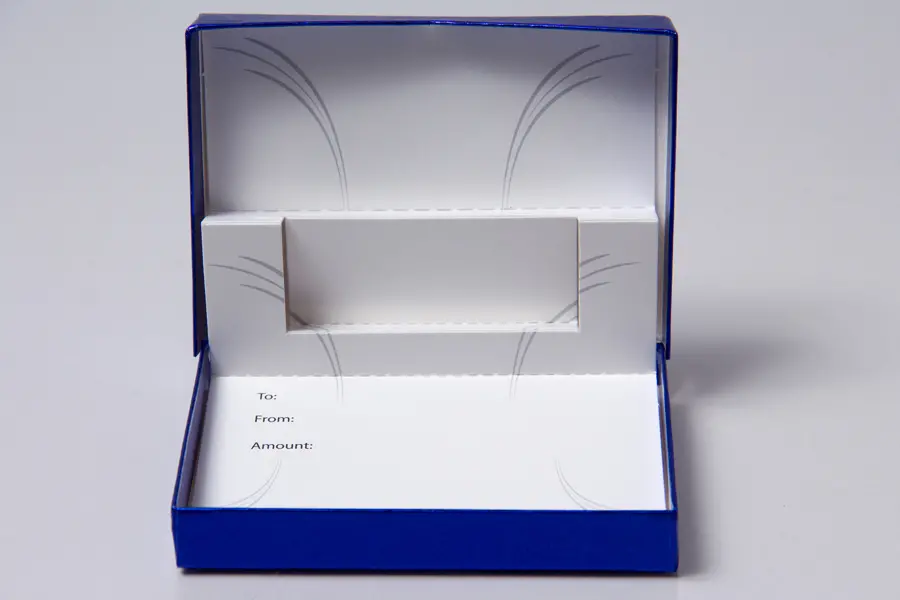 4-5/8L x 3-3/8W x 5/8H, Pop-Up Gift Card Boxes, Blue Metallic Embossed