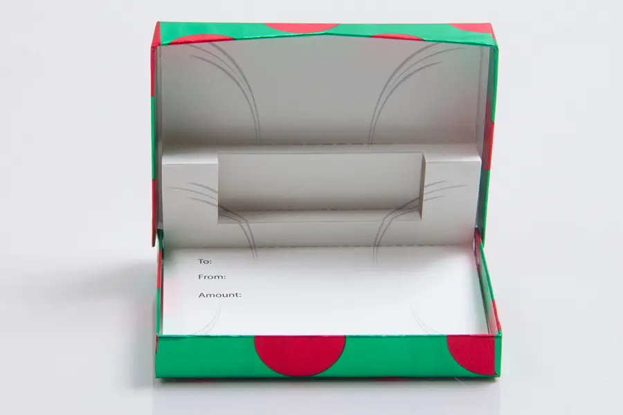 4-5/8L x 3-3/8W x 5/8H, Pop-Up Gift Card Boxes, Green With Red Dots