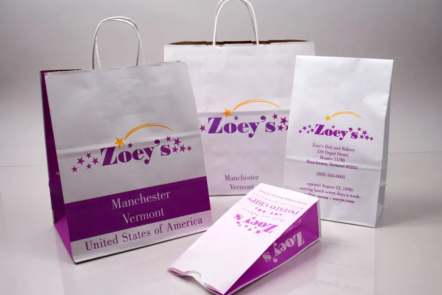 Custom printed paper take-out bags and SOS bags - Zoeys Deli