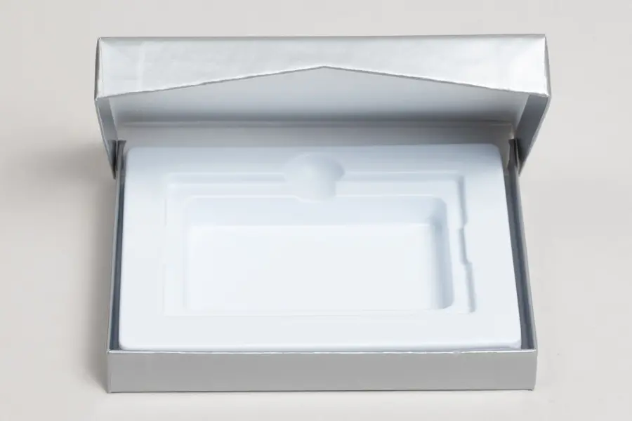 4-5/8L x 3-3/8W x 5/8H, Flip-Boxes Gift Card Boxes - Plastic Insert, Silver Ice