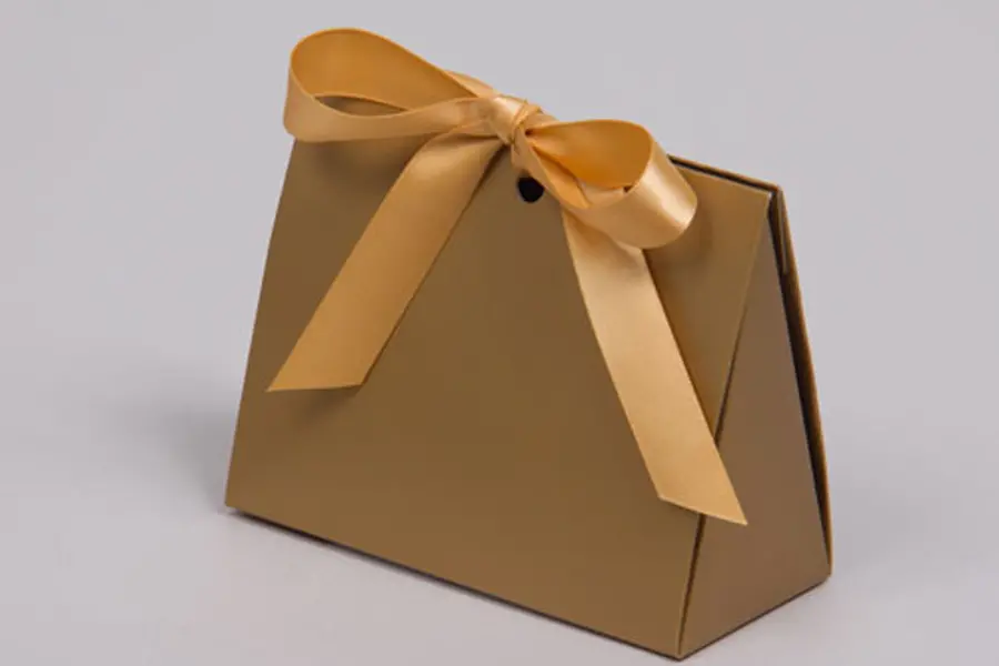 4-1/2L x 2W x 3-3/4H, Ribbon Tied Purse Gift Card Boxes, Matte Gold