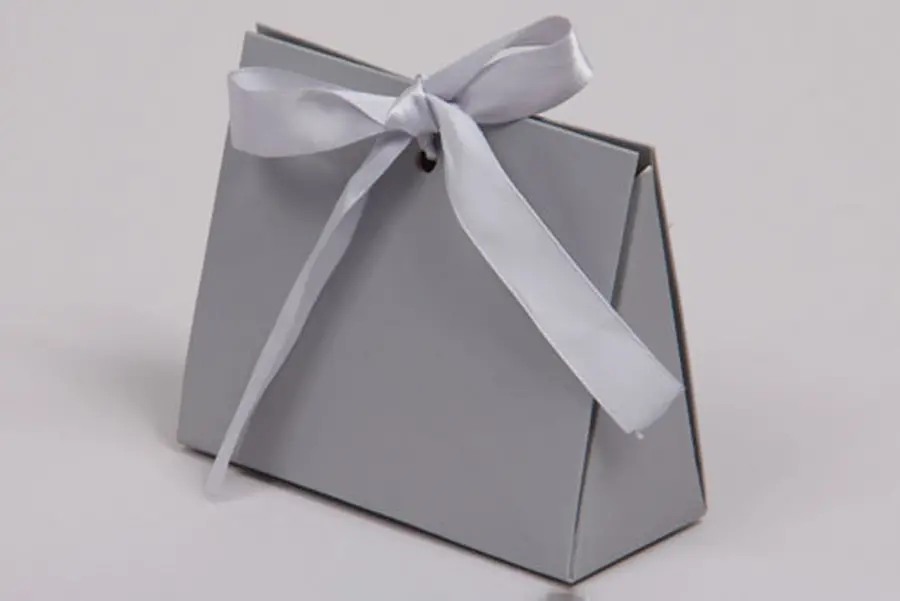 4-1/2L x 2W x 3-3/4H, Ribbon Tied Purse Gift Card Boxes, Silver