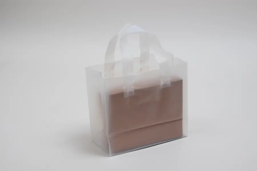 8W x 5D x 10H, Frosted Soft Loop Handle Square Bottom Plastic Shopping Bags, Frosted Clear