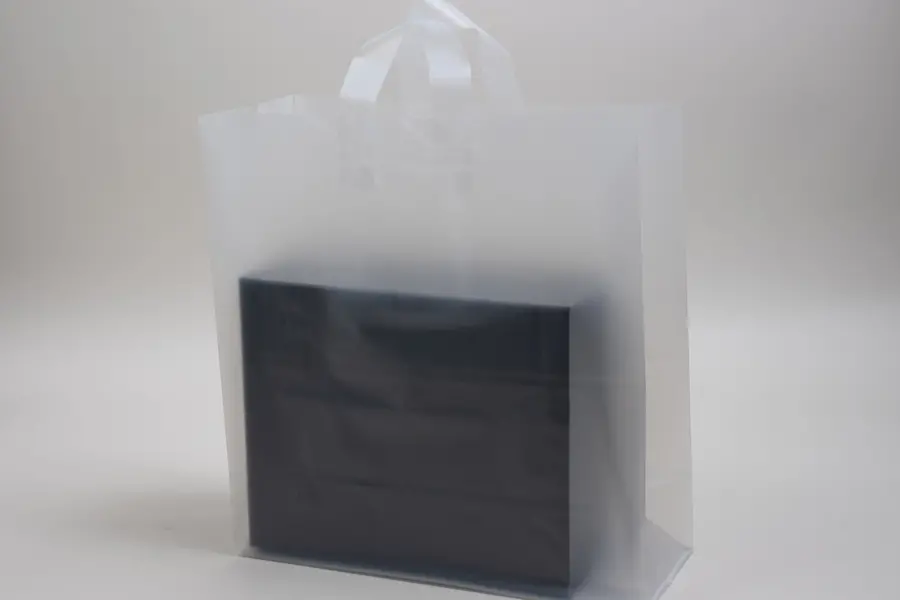 13W x 7D x 13H, Frosted Soft Loop Handle Square Bottom Plastic Shopping Bags, Frosted Clear