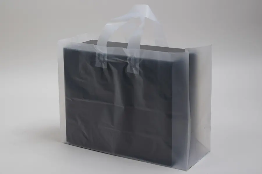 16W x 6D x 12H, Frosted Soft Loop Handle Square Bottom Plastic Shopping Bags, Frosted Clear