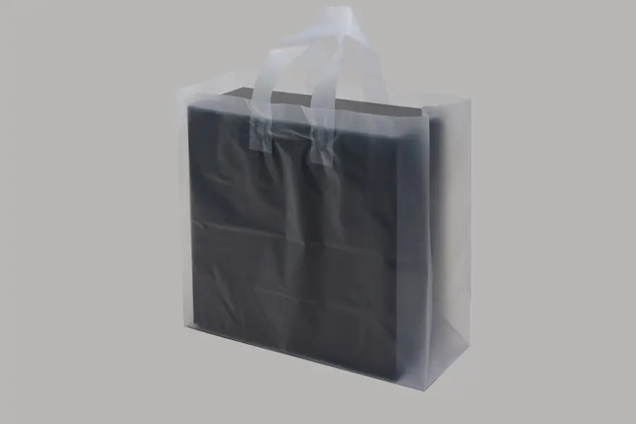 14W x 10D x 15H, Frosted Soft Loop Handle Square Bottom Plastic Shopping Bags, Frosted Clear