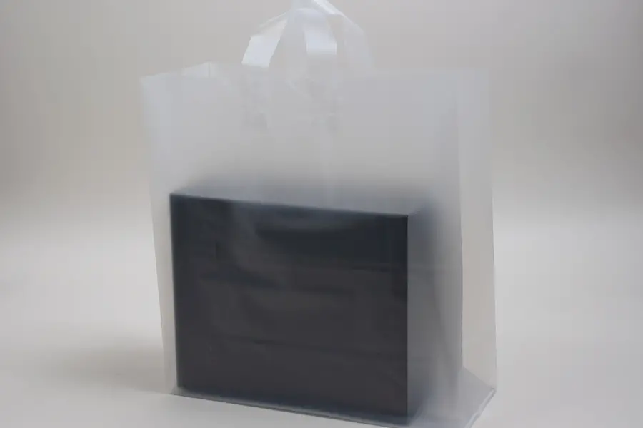 17W x 7D x 18H, Frosted Soft Loop Handle Square Bottom Plastic Shopping Bags, Frosted Clear