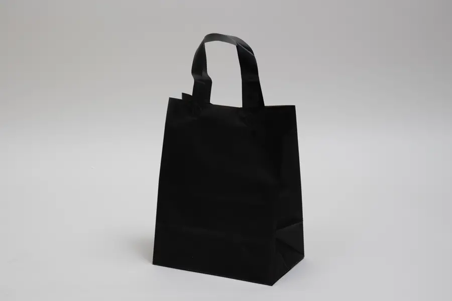 8W x 5D x 10H, Frosted Soft Loop Handle Square Bottom Plastic Shopping Bags, Black