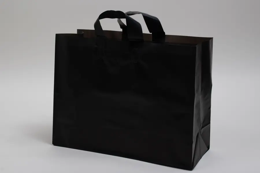16W x 6D x 12H, Frosted Soft Loop Handle Square Bottom Plastic Shopping Bags, Black