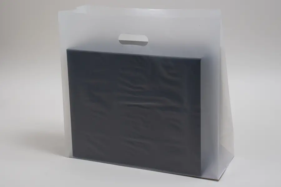 16W x 6D x 15H, Frosted Square Bottom Plastic Shopping Bags, Frosted Clear