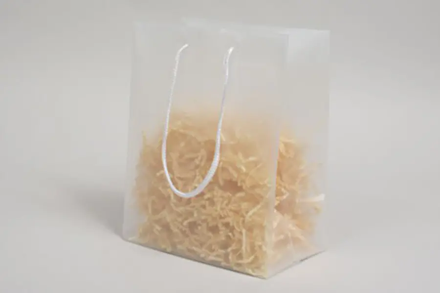 8W x 5D x 10H, Rope Handled Plastic Take-Out Bags, Frosted Clear