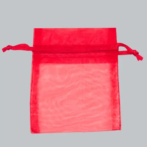 2W x 2-1/2H, Sheer Organza Satin Cord Gift and Wine Pouches, Red
