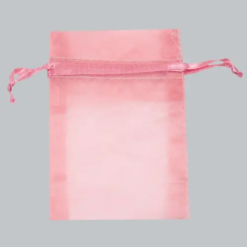 5W x 7H, Sheer Organza Satin Cord Gift and Wine Pouches, Pink